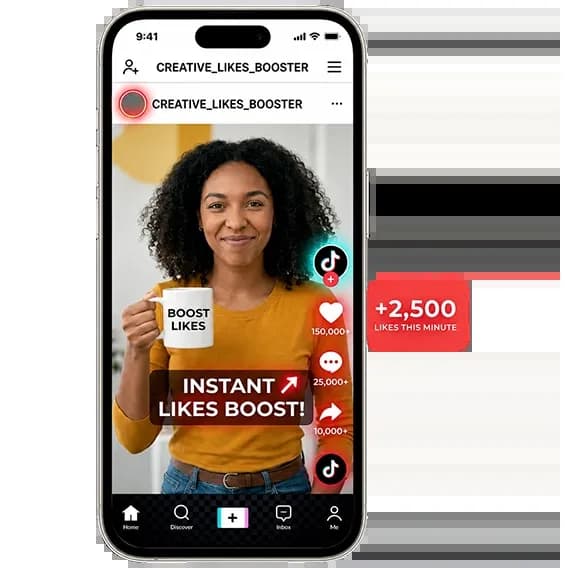 Happy woman showing TikTok likes on a page after purchase.