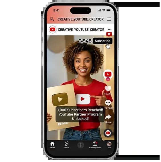 woman showing golden button after Buying YouTube subscribers to get monetize her channel.
